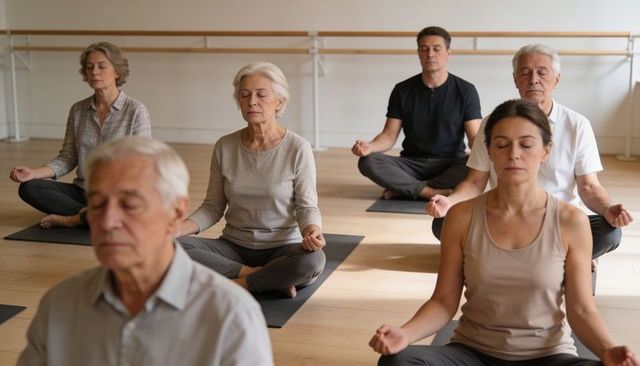 Mature adults practicing seated meditation in minimalist yoga studio with ballet barre