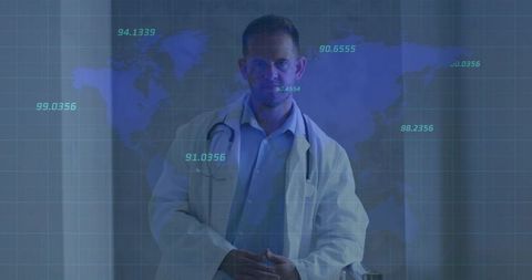 Physician presenting telemedicine holographic world map overlay for global care