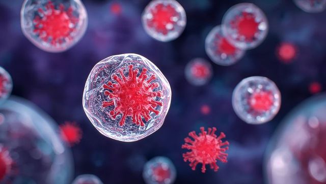 Transparent Virion with Red Spiky Core Floating in Microscopic Fluid Visualization