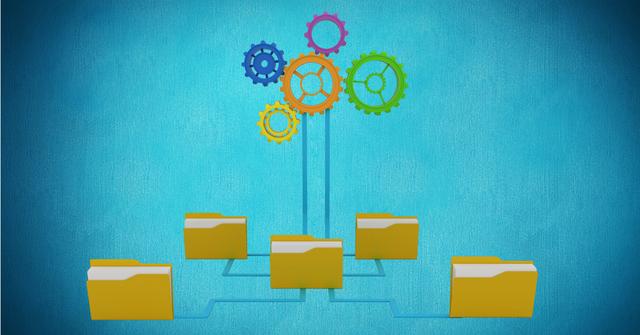 This image shows a conceptual representation of file management with folder icons linked to colorful gear icons on a blue background. Ideal for illustrating topics related to digital file organization, data management systems, technology, and networked information. Useful for websites, blogs, and articles that discuss file storage solutions, data organization tips, and technology workflows.
