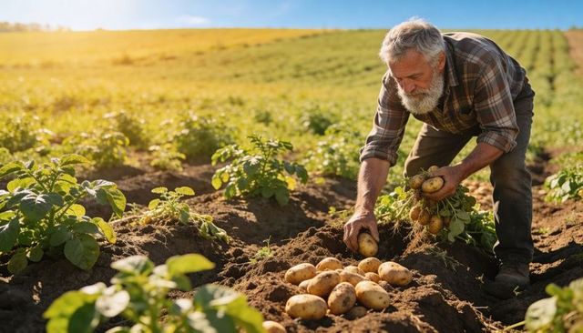 Senior farmer harvesting potatoes at golden hour in sunlit rural field with fresh produce