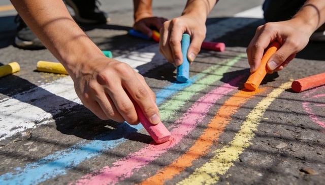 Three hands drawing rainbow chalk lines on sunlit pavement for creative collaboration