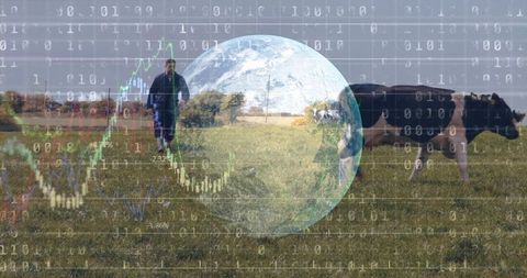 Farmer walking through pasture with globe overlay, binary code and market charts