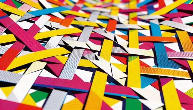 Colorful geometric woven paper collage with halftone panels and layered strips