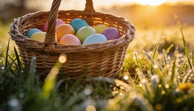 Sunlit wicker basket holding pastel easter eggs on dewy meadow at golden sunrise
