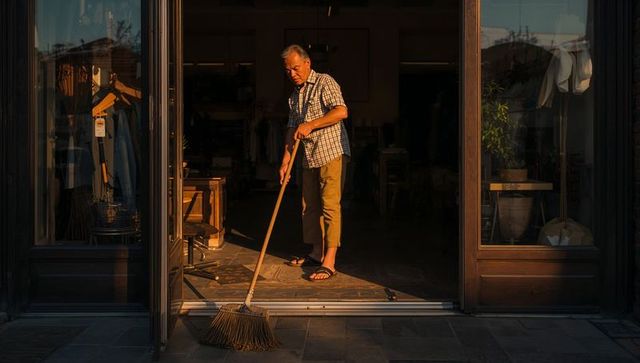 Senior shopkeeper sweeping sunlit shop threshold at golden hour with straw broom