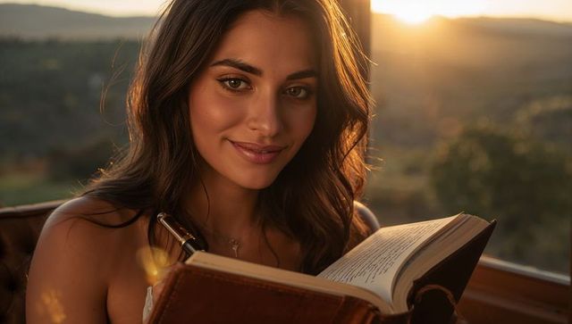 Golden hour portrait of woman reading leather journal by open window at sunset
