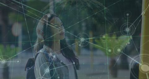 Woman in City with Digital Global Network Overlay