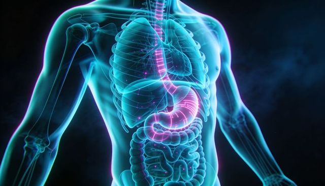 Translucent 3d human torso showing digestive system and ribcage with cyan-teal neon glow