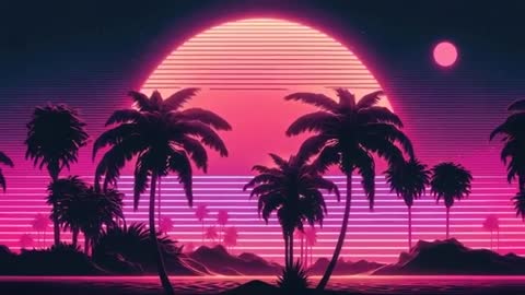 Vaporwave Neon Sunset with Palm Tree Silhouettes
