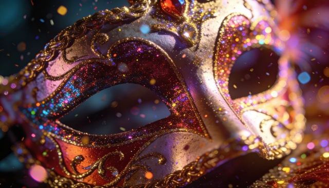 Venetian masquerade mask shimmering with gold trim, gemstone detail and multicolor glitter