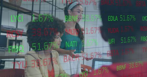 Diverse Team Analyzing Financial Data with Interface Overlay