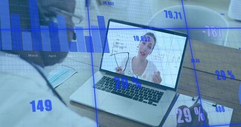 Senior Doctor Engaging in Telemedicine with Digital Data Overlay