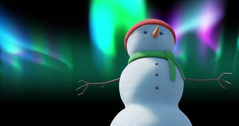Snowman Under Vibrant Aurora Borealis