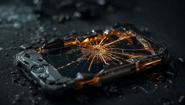 Rugged smartphone showing spiderweb crack with amber led glow and metal bumper