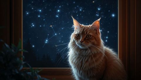 Ginger Long-Haired Cat Gazing at Constellations through Window on Starry Night
