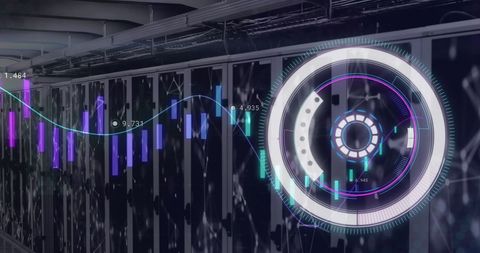digital interface over server room with data processing graphics - Download Free Stock Images Pikwizard.com
