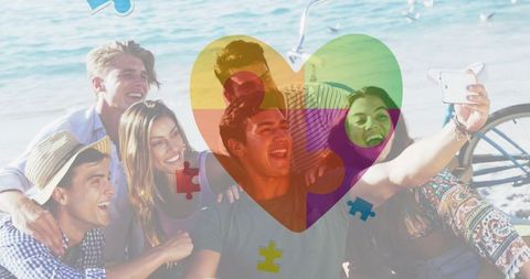 Joyful Beach Party with Autism Awareness Heart Overlay - Download Free Stock Images Pikwizard.com