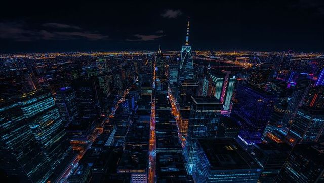 Neon night skyline featuring spire-topped tower, lit grid avenues and teal city glow