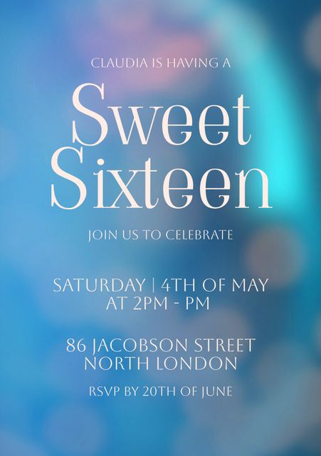 Perfect for creating a beautiful and dreamy invitation for a Sweet Sixteen celebration, this design features a soft blue bokeh background. It is ideal for setting a festive mood for evening birthday parties, teenage milestones, and bringing a modern touch to birthday invitations. Use this for sending out party details and exciting guests for a memorable event.