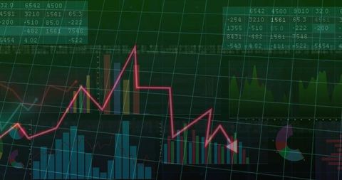 Green finance dashboard with pink trend line and blue bar charts for market analysis