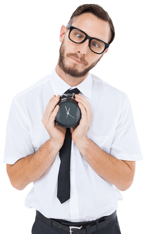 Transparent Conceptual Image of Businessman Holding Alarm Clock