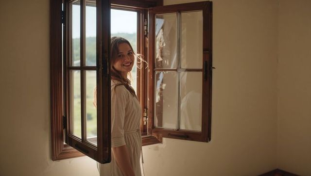 Young woman smiling and gazing through open wooden casement window in sunlit countryside home