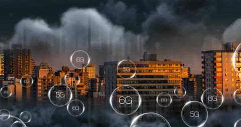 5G and 6G Network Symbols Over Cityscape at Dusk