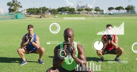 Outdoor kettlebell squat training with fitness hud overlays, team workout on grass
