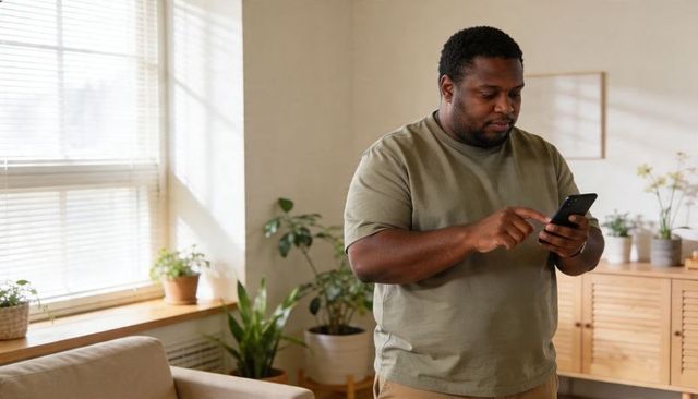 Man standing by sunlit window checking smartphone in cozy plant-filled modern living room