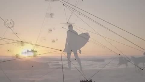 Adventurer Walking Along Beach with Networking Digital Overlay