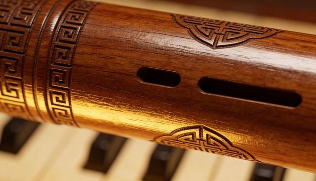 Polished wooden flute displaying carved geometric motifs over piano keyboard glossy warmth