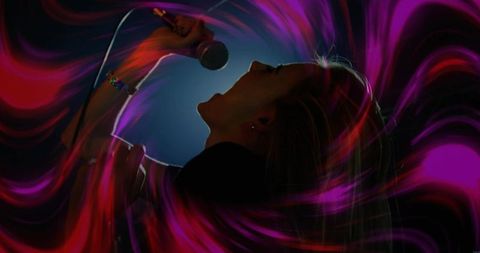 Singing vocalist silhouette belting into microphone with neon light trails and blue halo