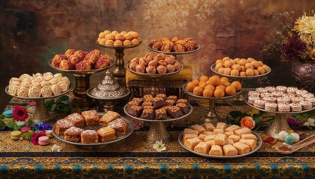 Showcasing luxurious dessert spread on ornate tiered stands with macarons and pastries