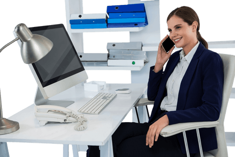 Smiling Businesswoman Chatting on Mobile in Transparent Office