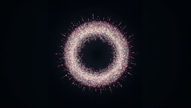 Pulsing pixel ring emitting neon particles with radial spikes, generative abstract halo