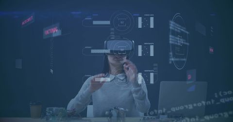 White woman using vr headset with futuristic digital interface
