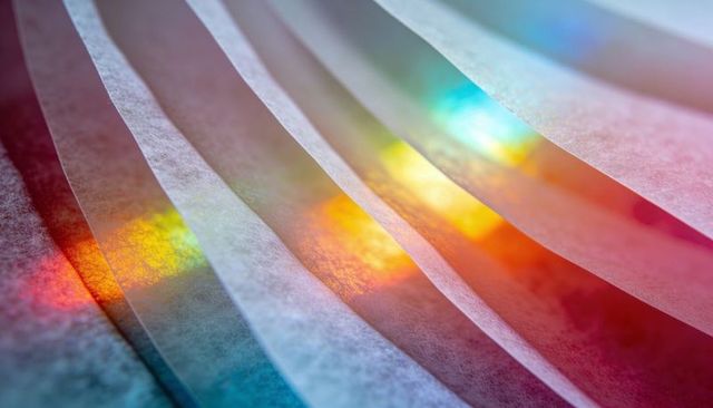 Translucent vellum layers revealing rainbow light and soft shadow patterns, abstract macro