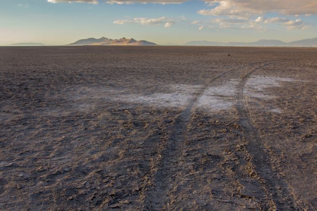 Tire tracks carving through a vast, dry desert plain with a distant mountain range under a partly cloudy sky. Useful for themes of travel, adventure, isolation, and nature's vastness.