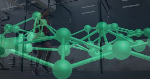 Female Athlete Doing Jump Rope Workout with Molecular Overlay in Industrial Gym