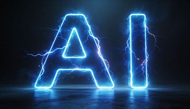 Futuristic electric blue neon ai letters with lightning arcs on reflective dark floor glow