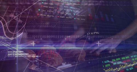 Female hands typing on keyboard triggering financial charts and trading dashboards