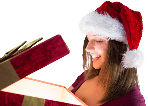 Happy Woman in Santa Hat Surprised by Glowing Gift Box on Transparent Background