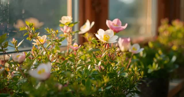 Sunlit Flowering Shrubs by a Window Sill in Tranquil Green Space