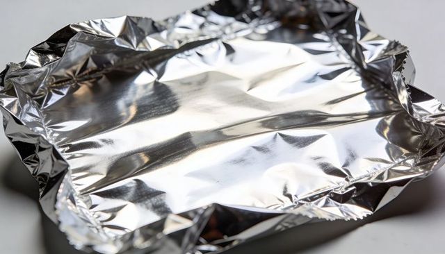Crinkled aluminum foil covering rectangular tray reflecting light shiny metallic texture