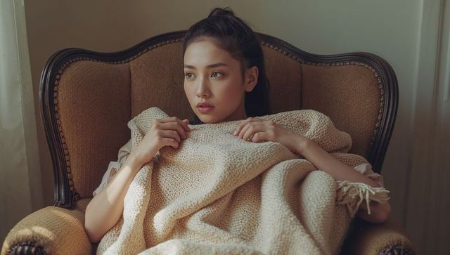 Contemplative Woman Clutching Blanket on Vintage Armchair
