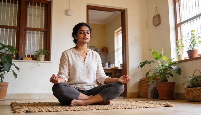 Indian woman meditating at home on woven rug in sunlit minimalist living room