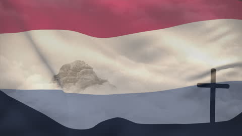 Netherlands Flag Flapping with Mountain Silhouette in Background