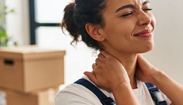 Young woman massaging neck while unpacking boxes after move, tired expression