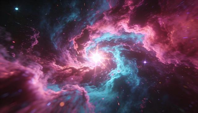 Swirling Spiral Nebula Circling Bright Star Creating Magenta and Cyan Cosmic Vortex